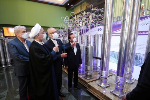 Iranian President Hassan Rouhani reviews Iran's new nuclear achievements during Iran's National Nuclear Energy Day in Tehran, Iran April 10, 2021. Iranian Presidency Office/WANA (West Asia News Agency)/Handout via REUTERS ATTENTION EDITORS - THIS IMAGE HAS BEEN SUPPLIED BY A THIRD PARTY.