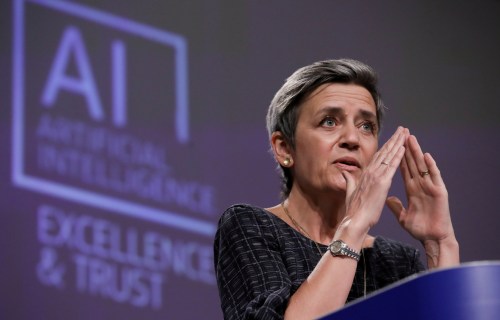 European Executive Vice-President Margrethe Vestager speaks at a media conference on the EU approach to Artificial Intelligence following a weekly meeting of EU Commission in Brussels, Belgium, April 21, 2021. Olivier Hoslet/Pool via REUTERS