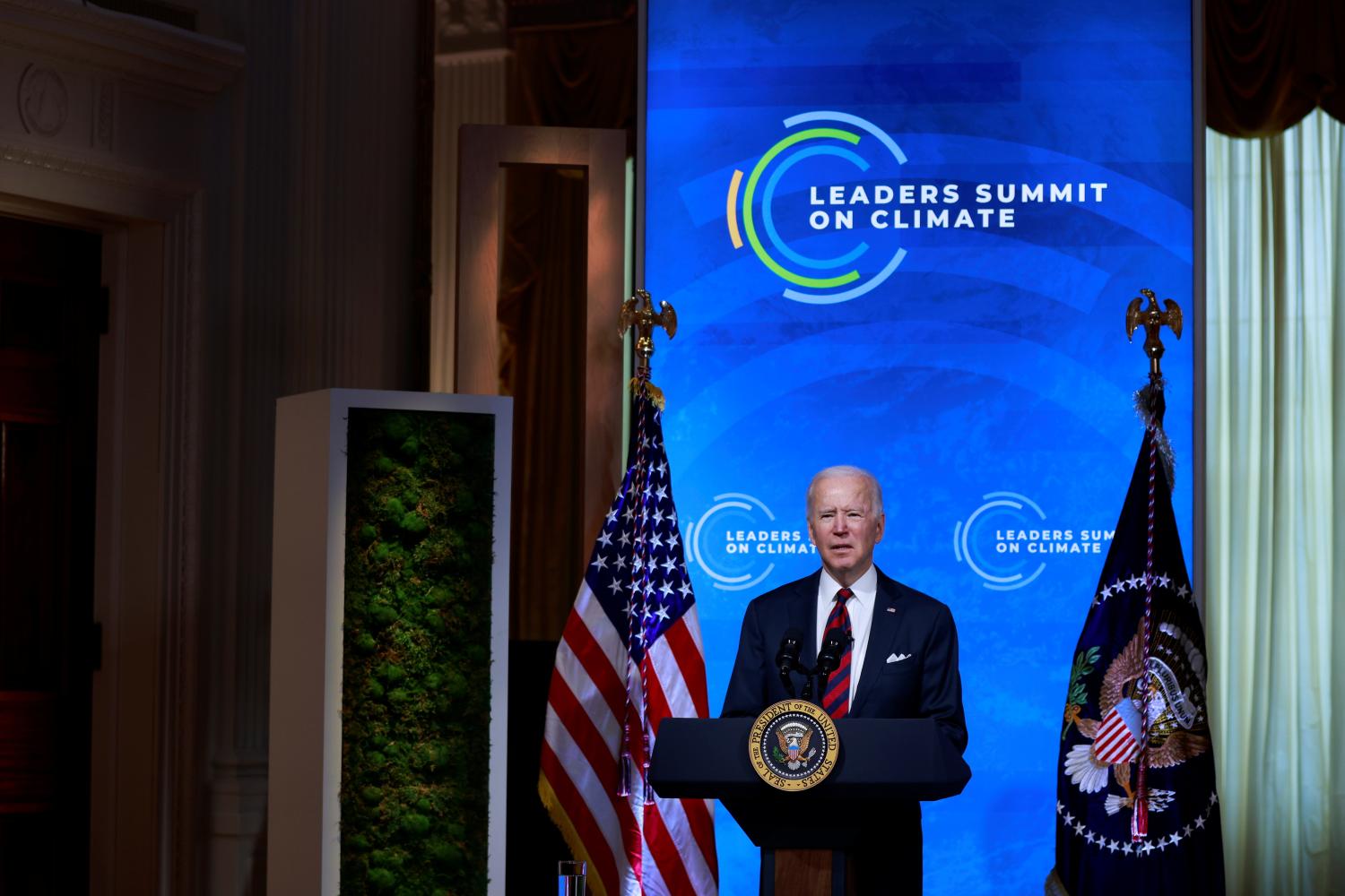 U.S. President Joe Biden participates in a virtual Climate Summit with world leaders in the East Room at the White House in Washington, U.S., April 22, 2021. REUTERS/Tom Brenner
