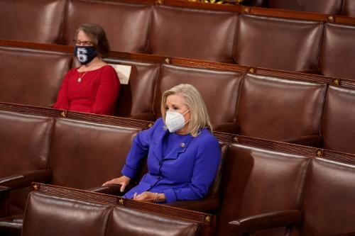 Rep. Liz Cheney, R-Wyo., front, listens as President Joe Biden speaks to a joint session of Congress Wednesday, April 28, 2021, in the House Chamber at the U.S. Capitol in Washington. (Photo by Andrew Harnik/Pool/Sipa USA)No Use Germany.