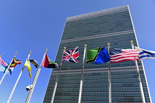 National flags fly at the United Nations headquarters in New York on April 6, 2021. (Kyodo)==KyodoNO USE JAPAN