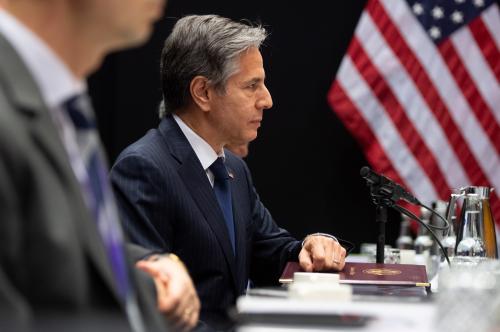 U.S. Secretary of State Antony Blinken meets with Swedish Foreign Minister Ann Linde (not pictured) at the Harpa Concert Hall, on the sidelines of the Arctic Council Ministerial summit, in Reykjavik, Iceland, May 19, 2021. Saul Loeb/Pool via REUTERS