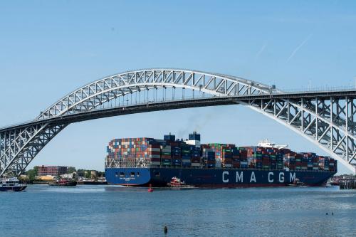 The CMA CGM Marco Polo, an Explorer class container ship crosses the Bayonne bridge for then dock at Elizabeth port as seen from Bayonne, New Jersey, U.S., May 20, 2021.  REUTERS/Eduardo Munoz