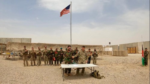 Handover ceremony at Camp Anthonic, from U.S. Army to Afghan Defense Forces in Helmand province, Afghanistan May 2, 2021. Picture taken May 2, 2021. Ministry of Defense Press Office/Handout via REUTERS THIS IMAGE HAS BEEN SUPPLIED BY A THIRD PARTY. NO RESALES. NO ARCHIVES