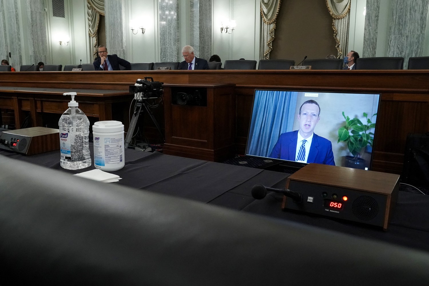Facebook CEO Mark Zuckerberg testifies remotely during a Senate Commerce, Science, and Transportation Committee hearing to discuss reforming Section 230 of the Communications Decency Act with big tech companies on Wednesday, October 28, 2020. Photo by Greg Nash/Pool/ABACAPRESS.COM