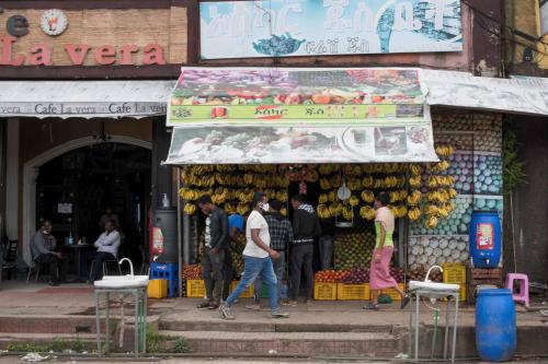 Shoppers are seen outside a grocery store in the Kasanchiz area of Addis Ababa, Ethiopia July 1, 2020. REUTERS/Maheder Haileselassie