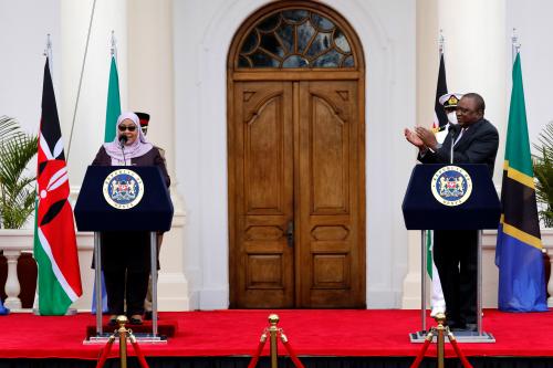 Tanzanian President Samia Suluhu Hassan and Kenya's President Uhuru Kenyatta attand a joint statement at State House, in Nairobi, Kenya, May 4, 2021. REUTERS/Baz Ratner