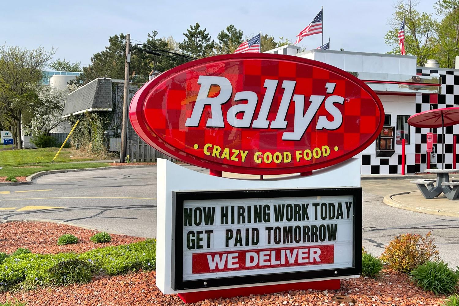 A Now Hiring sign at Rally's Drive-In restaurant, Wednesday, April 28, 2021, in Cleveland.  (Photo by Image of Sport/Sipa USA)No Use Germany.
