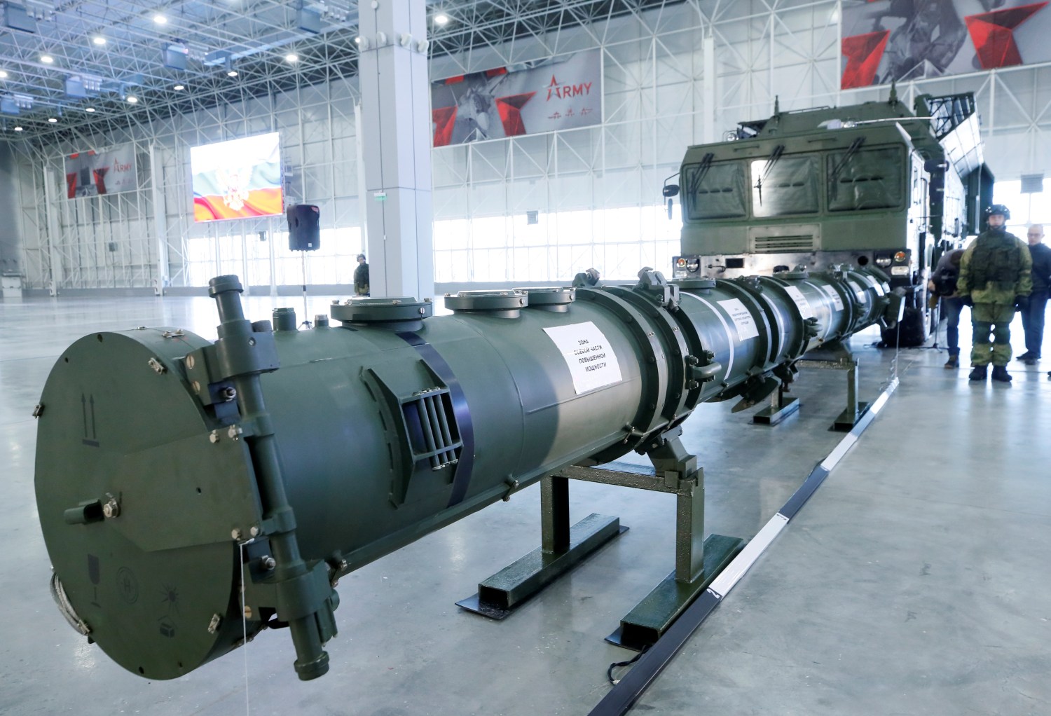 Components of SSC-8/9M729 cruise missile system are on display during a news briefing, organized by Russian defence and foreign ministries, at Patriot Expocentre near Moscow, Russia January 23, 2019. REUTERS/Maxim Shemetov