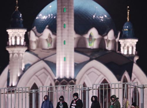 KAZAN, RUSSIA  MARCH 19, 2021: Rubin Kazan supporters are seen during a 2020/2021 Russian Premier League Round 23 football match between Rubin Kazan and FC Khimki at Central Stadium. Seen behind is Kul Sharif Mosque. Yegor Aleyev/TASS.No use Russia.