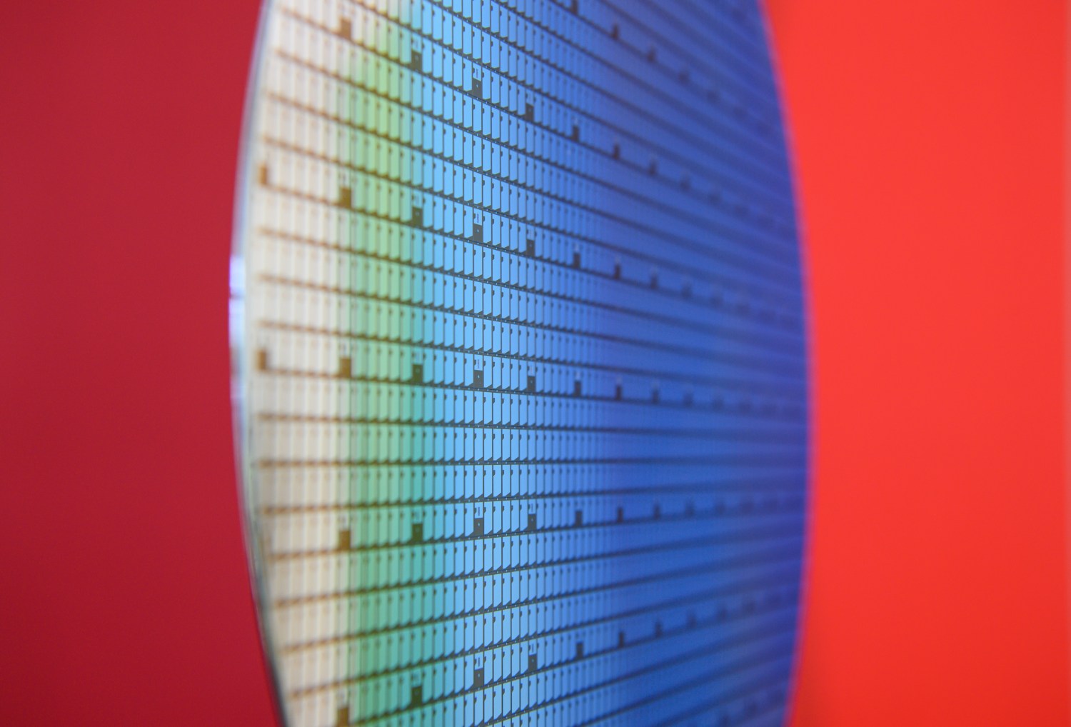 A 300-millimeter wafer is on display in the foyer during a press tour of Bosch's new semiconductor factory. The chip factory will officially go into operation on June 7, 2021.