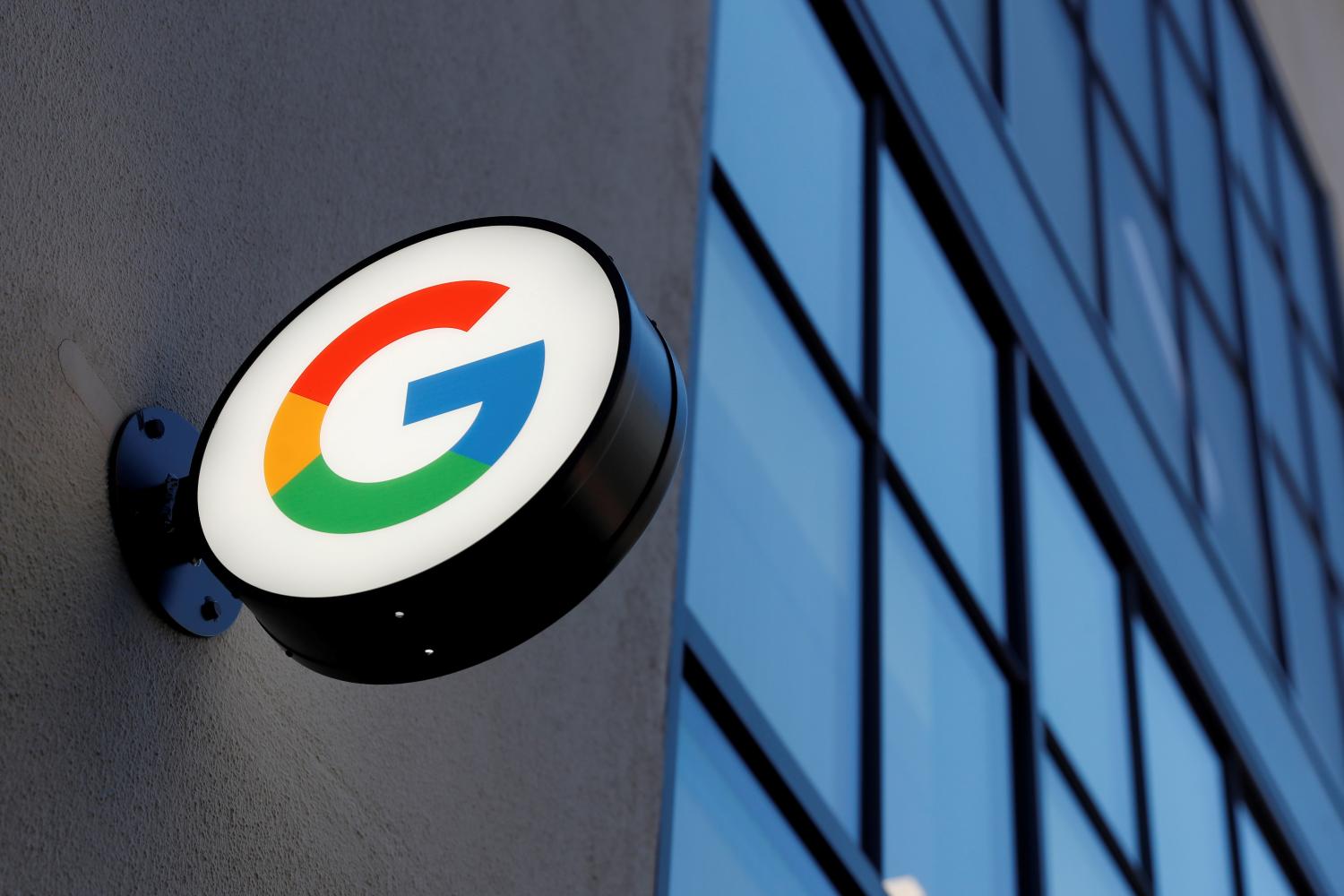 FILE PHOTO: A sign is seen at the entrance to the Google retail store in the Chelsea neighborhood of New York City, U.S., June 17, 2021. REUTERS/Shannon Stapleton/File Photo