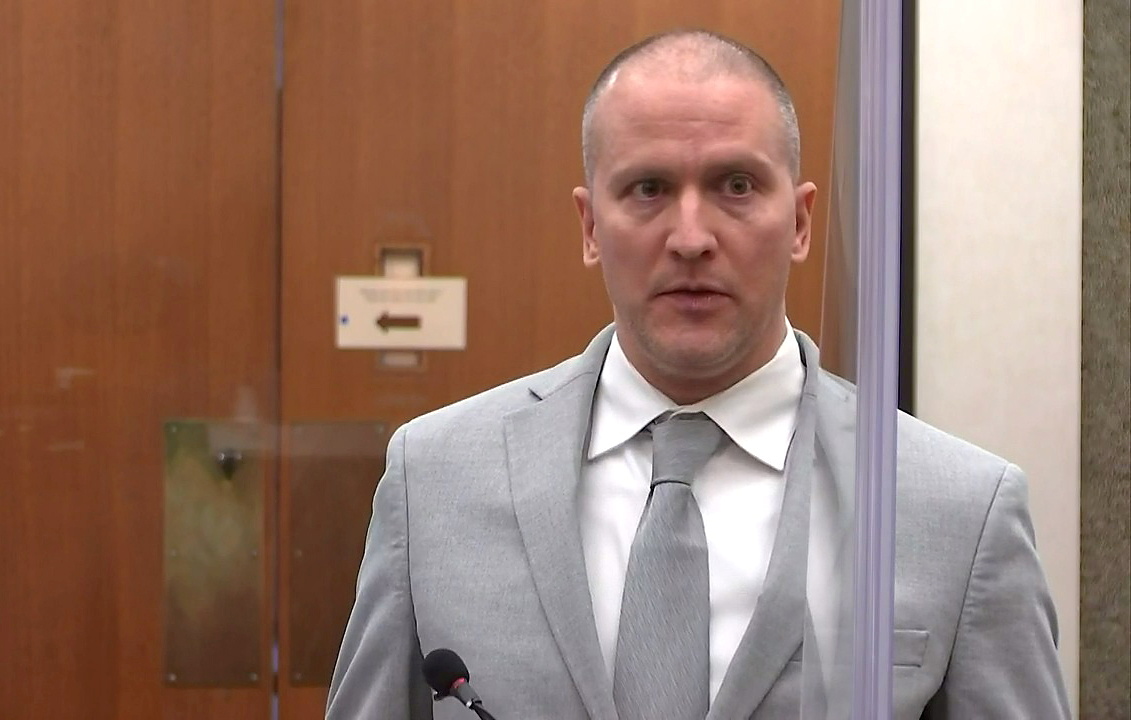 Former Minneapolis police officer Derek Chauvin addresses his sentencing hearing and the judge as he awaits his sentence after being convicted of murder in the death of George Floyd in Minneapolis, Minnesota, U.S. June 25, 2021 in a still image from video. Pool via REUTERS