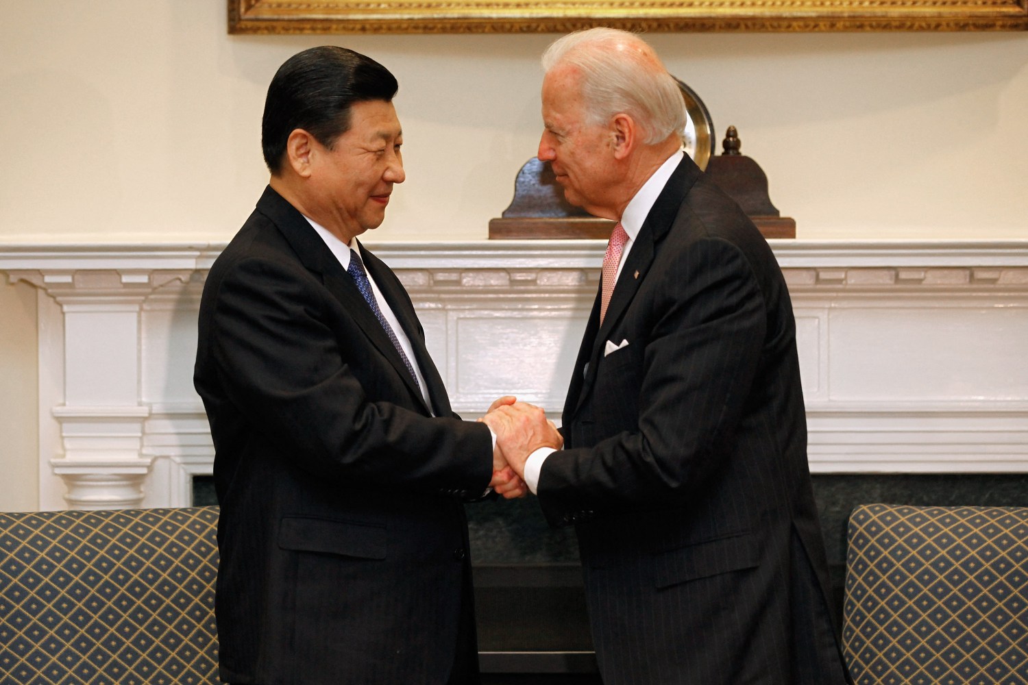 File photo dated February 14, 2012 of U.S. Vice President Joe Biden and Chinese Vice President Xi Jinping hold an expanded bilateral meeting in the Roosevelt Room at the White House in Washington, DC, USA. China will pay a price for its human rights abuses, U.S. President Joe Biden warned on Tuesday, responding to queries at a televised event on the Asian nations handling of Muslim minorities in its far western region of Xinjiang. Chinese President Xi Jinping has drawn global criticism for holding the minority Uighurs in internment camps and other human rights abuses. Photo by Chip Somodevilla/Pool/ABACAPRESS.COM
