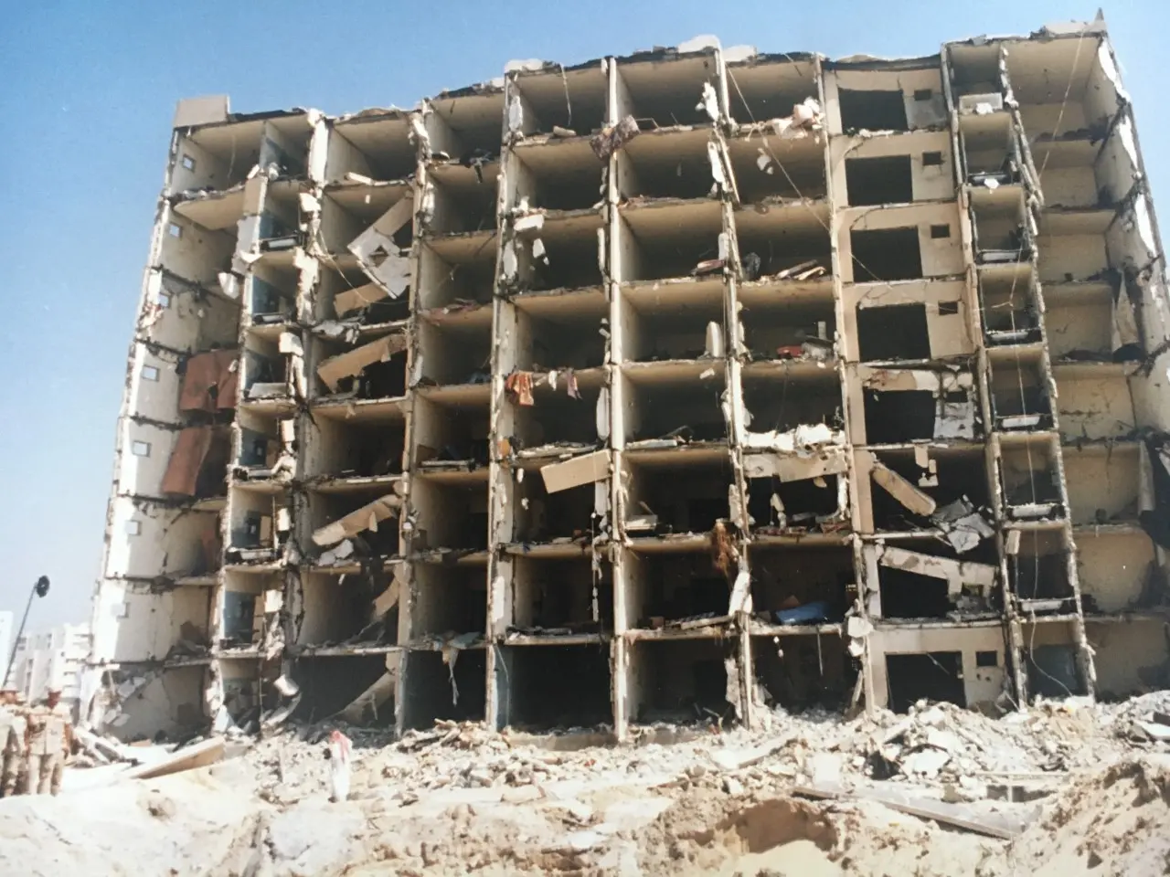 Bomb scene at Khobar towers. At about 9:30 pm in the evening of June 25, 1996, a huge explosion rocked the barracks for the United States Air Force 4404 Provisional Wing in Khobar, Saudi Arabia.