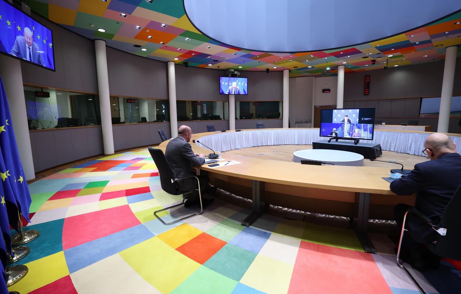 General views of the video conference inter-institutional actors with the participation of Charles MICHEL, President of the European Council, Ursula von der LEYEN, President of the European Commission, Pachal DONOHOE, President of the Eurogroup and Christine LAGARDE, President of the European Central Bank. Brussels the 11/03/2021.Vues generales de la vidéoconference interinstitutionnelle des acteurs avec la participation de Charles MICHEL, president du Conseil europeen, Ursula von der LEYEN, presidente de la Commission europeenne, Pachal DONOHOE, president de l'Eurogroupe et Christine LAGARDE, présidente de la Banque centrale europeenne. Bruxelles le 11/03/2021.