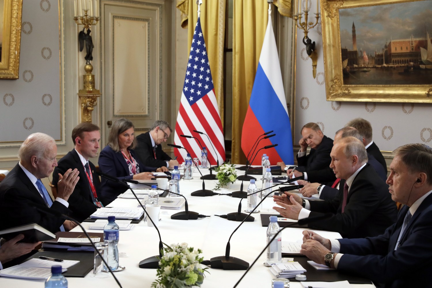 GENEVA, SWITZERLAND  JUNE 16, 2021: US President Joe Biden (L) and Russia's President Vladimir Putin (2nd R) meet for talks at the Villa La Grange. Mikhail Metzel/TASS.No use Russia.