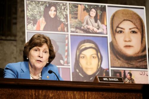 Sen. Jeanne Shaheen (D-NH) speaks about seven women from Afghanistan who were assassinated for their efforts to improve the lives of Afghans, during the Senate Foreign Relations Committee hearing on Capitol Hill in Washington, U.S., April 27, 2021. T.J. Kirkpatrick/Pool via REUTERS