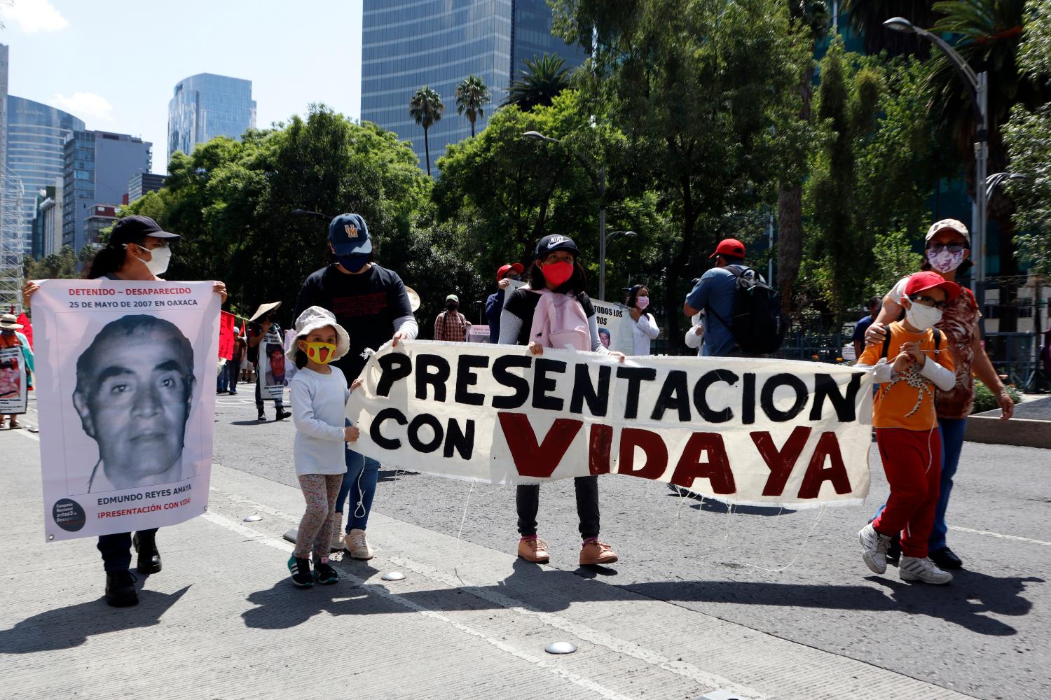 Relatives take part during a march at Reforma Avenue as part of the International Week of the Disappeared persons in Mexico,  relatives protest against  the inaction and indifference of the governments to solve their cases on May 30, 2021 in Mexico City, Mexico. (Photo by Eyepix/Sipa USA)No Use Germany.