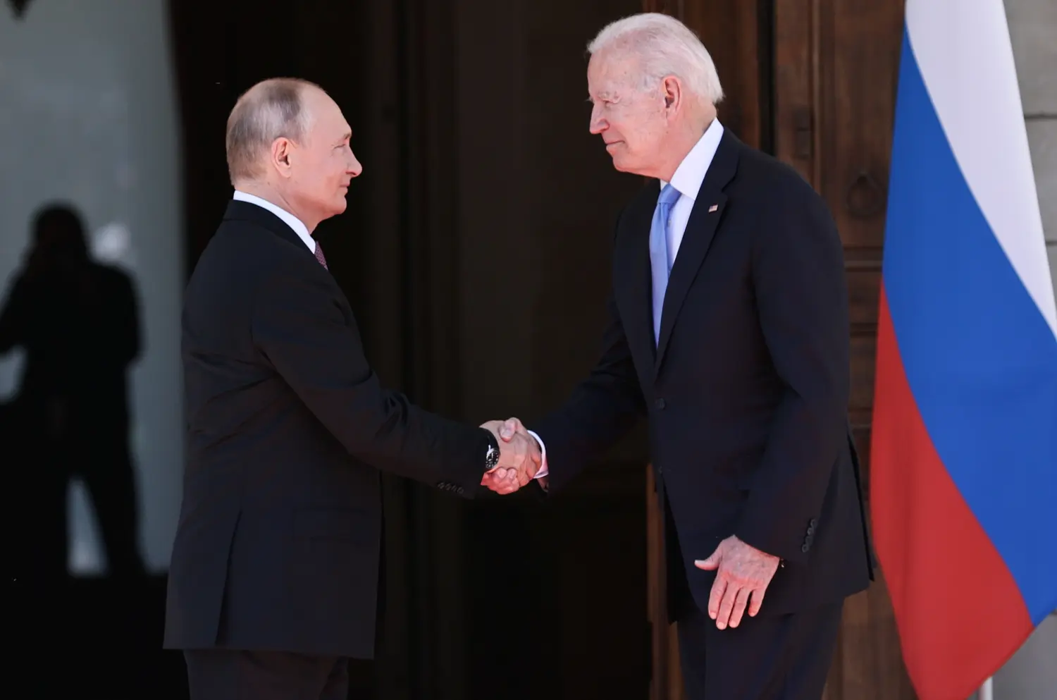 U.S. President Joe Biden and Russia's President Vladimir Putin shake hands as they arrive for the U.S.-Russia summit at Villa La Grange in Geneva, Switzerland June 16, 2021. Sputnik/Sergey Bobylev/Pool via REUTERS ATTENTION EDITORS - THIS IMAGE WAS PROVIDED BY A THIRD PARTY.