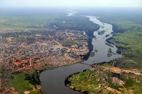 Aerial of Juba, the capital of South Sudan, with river Nile on the right