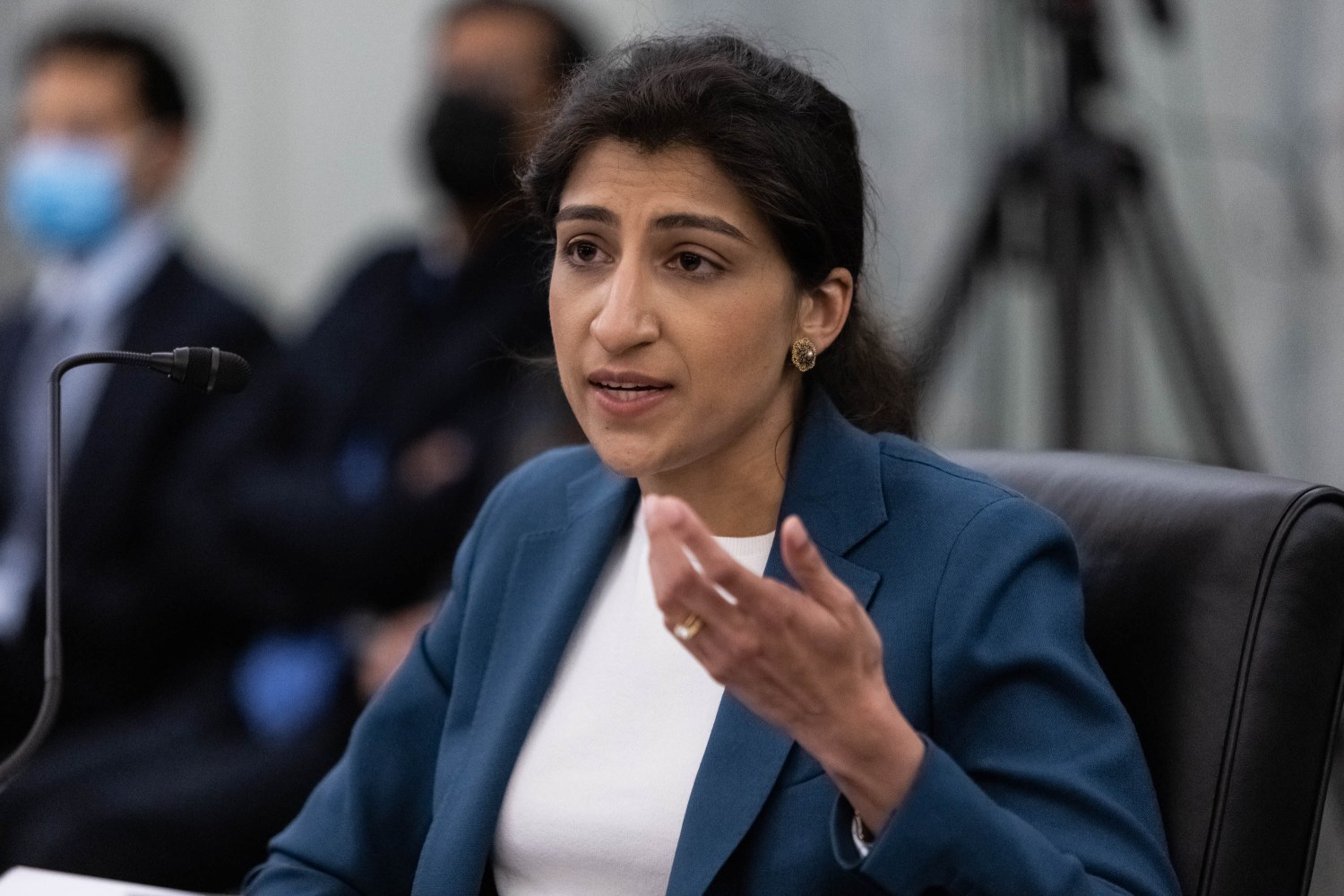 FTC Commissioner nominee Lina M. Khan testifies during a Senate Commerce, Science, and Transportation Committee nomination hearing on Capitol Hill, in Washington, DC on Wednesday, April 21, 2021. (Photo by Pool/Sipa USA)No Use Germany.
