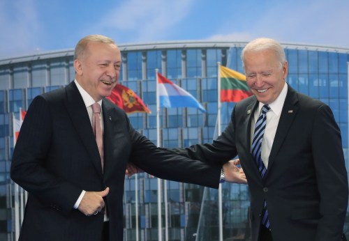 FILE PHOTO: Turkish President Tayyip Erdogan meets with U.S. President Joe Biden on the sidelines of the NATO summit in Brussels, Belgium June 14, 2021. Murat Cetinmuhurdar/Presidential Press Office/Handout via REUTERS ATTENTION EDITORS - THIS PICTURE WAS PROVIDED BY A THIRD PARTY. NO RESALES. NO ARCHIVE./File Photo