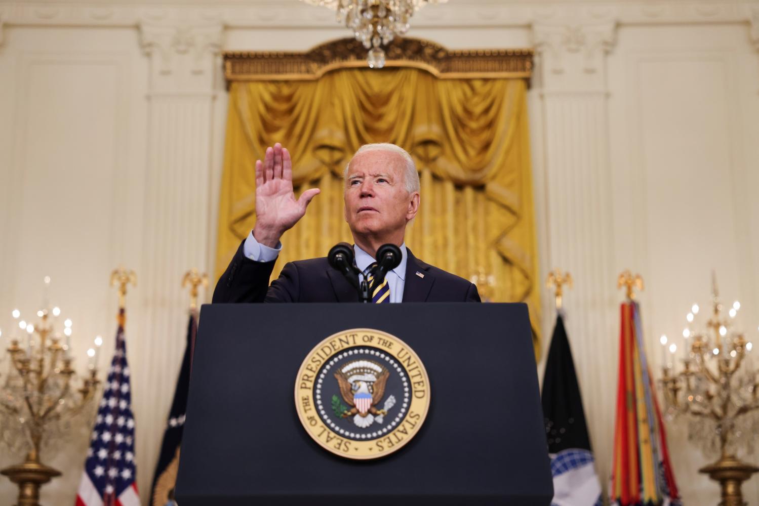U.S. President Joe Biden delivers remarks on the administration's continued drawdown efforts in Afghanistan in a speech from the East Room at the White House in Washington U.S., July 8, 2021. REUTERS/Evelyn Hockstein