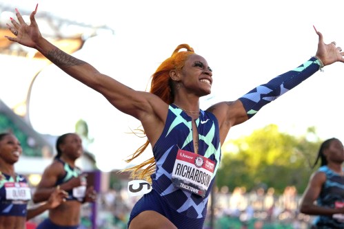 FILE PHOTO: Jun 19, 2021; Eugene, OR, USA; Sha'Carri Richardson celebrates after winning the women's 100m in 10.86 during the US Olympic Team Trials at Hayward Field. Mandatory Credit: Kirby Lee-USA TODAY Sports     TPX IMAGES OF THE DAY/File Photo