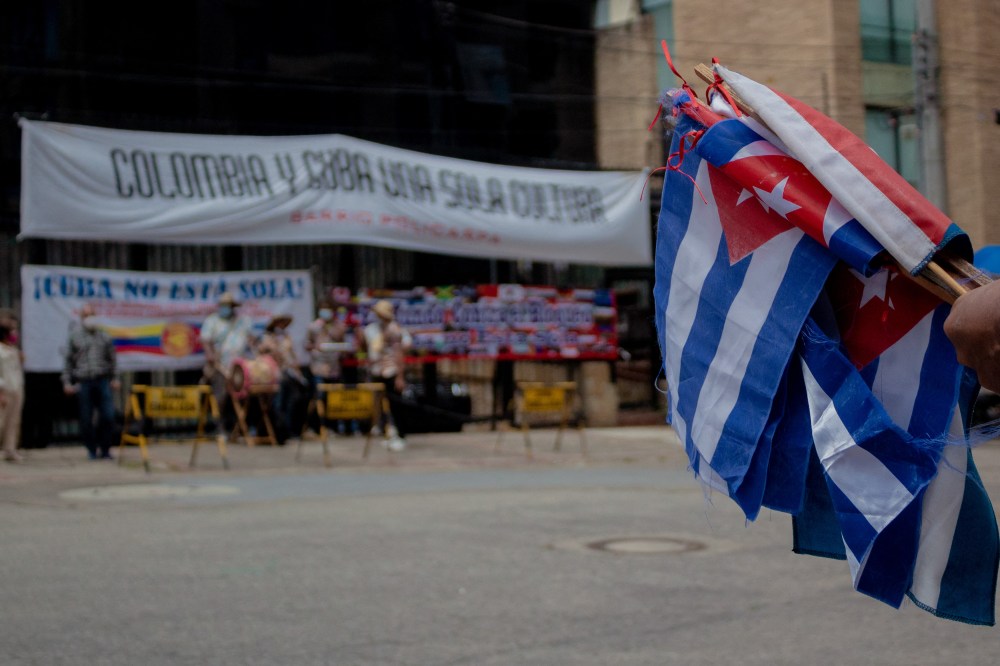 Cuban flags as Cuban residents that live in Colombia protest against the unrest and violence held in the Island against the government of Cuban president Miguel Diaz-Canel.