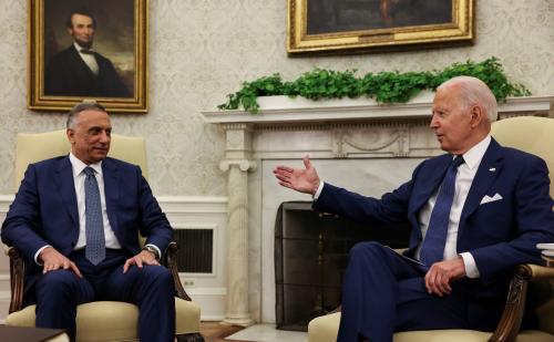 U.S. President Joe Biden SPEAKS with Iraq's Prime Minister Mustafa Al-Kadhimi during a bilateral meeting in the Oval Office at the White House in Washington, U.S., July 26, 2021. REUTERS/Evelyn Hockstein