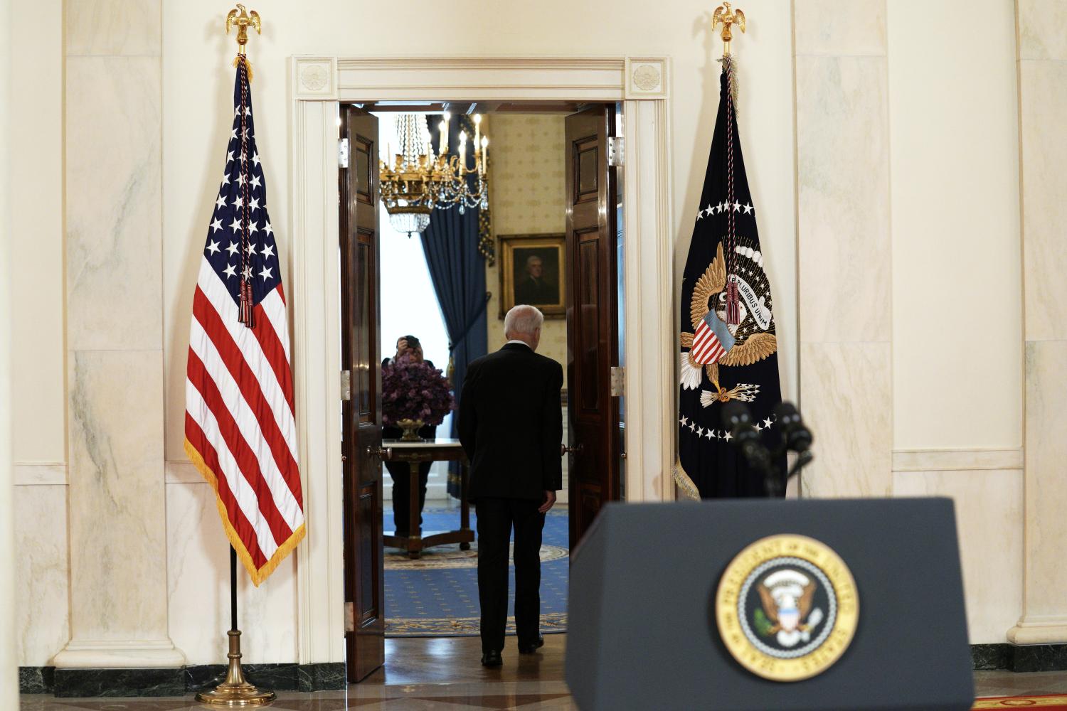 United States President Joe Biden delivers remarks on the Middle East ceasefire agreed to by Israel and Hamas in the Cross Hall at the White House in Washington.Featuring: President Joe BidenWhere: Washington, District Of Columbia, United StatesWhen: 20 May 2021Credit: POOL via CNP/INSTARimages/Cover Images