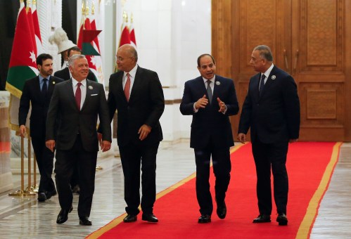 Iraqi President Barham Salih and Prime Minister Mustafa al-Kadhimi meet with King Abdullah II of Jordan and Egypt's President Abdel Fattah al-Sisi, in Baghdad, Iraq, June 27, 2021. REUTERS/Khalid al-Mousily