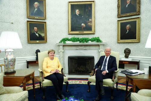 U.S. President Joe Biden holds a bilateral meeting with German Chancellor Angela Merkel in the Oval Office at the White House in Washington, U.S., July 15, 2021. REUTERS/Tom Brenner