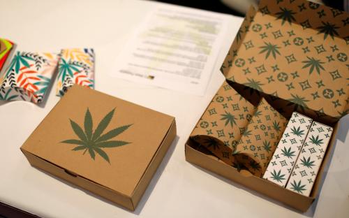 FILE PHOTO: Cannabis product boxes are displayed at The Cannabis World Congress & Business Exposition (CWCBExpo) trade show in New York City, New York, U.S., May 30, 2019. REUTERS/Mike Segar/File Photo