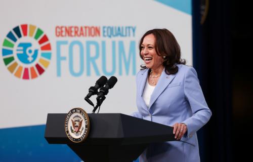 U.S. Vice President Kamala Harris makes virtual remarks from the South Court Auditorium at the White House Complex in Washington, U.S., during the Generation Equality Forum in Paris, June 30, 2021. REUTERS/Evelyn Hockstein