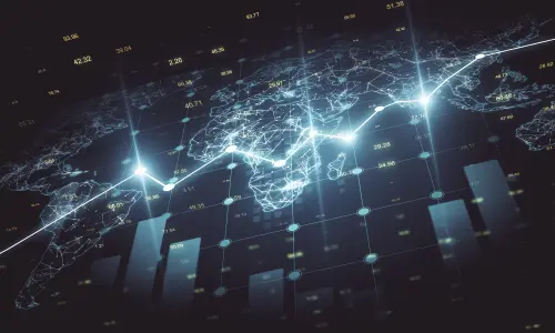 Creative forex chart with map on dark backdrop