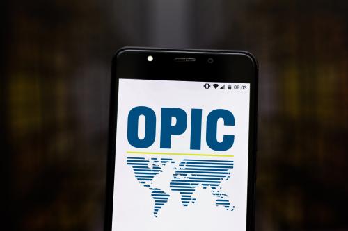 August 6, 2019, Brazil. In this photo illustration the Overseas Private Investment Corporation (OPIC) logo is displayed on a smartphone.