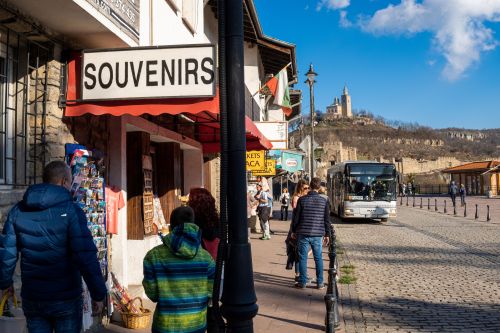Veliko Tarnovo Bulgaria 1 January 2021, souvenir and ticket office for medieval castle new years day walk