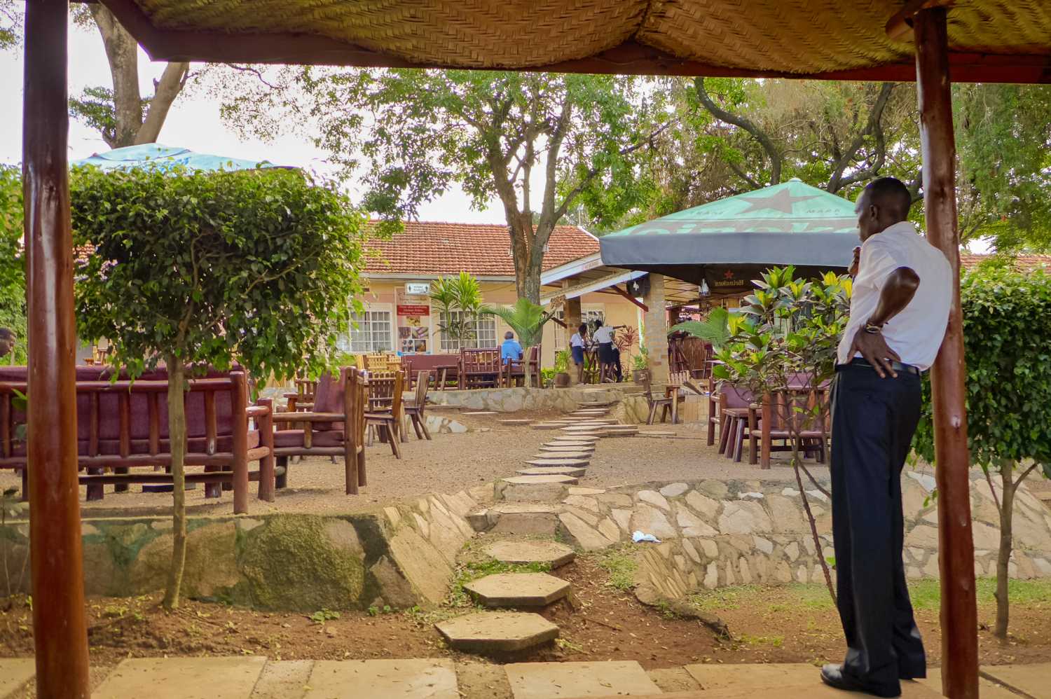 KABALAGALA, UGANDA - APRIL 13, 2017: Tank Hill Road This is the outdoor area of the Paradiso restaurant on Tank Hill Road in Kabalagala. Kabalagala is a small town in the Kampala area of Uganda.