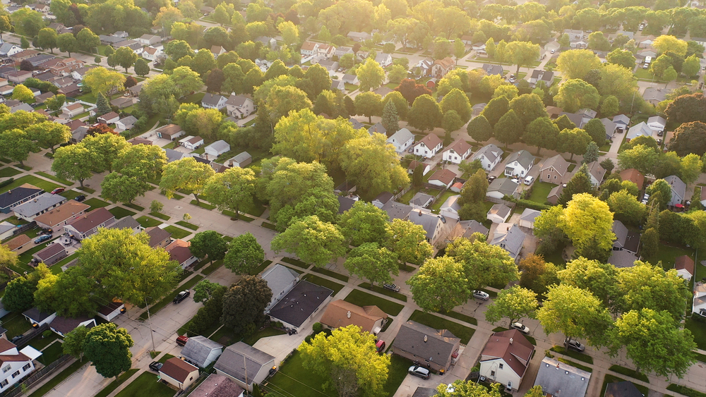 aerial view of American suburb