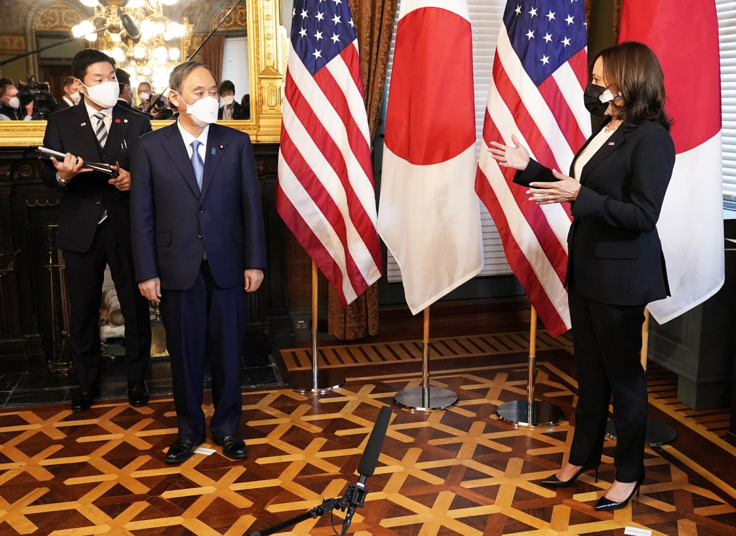 United States Vice President Kamala Harris greets Prime Minister Yoshihide Suga of Japan, before holding a meeting at The White House.Featuring: Yoshihide Suga, Kamala HarrisWhere: Washington, District of Columbia, United StatesWhen: 16 Apr 2021Credit: Chris Kleponis/POOL via CNP/InStar/Cover Images
