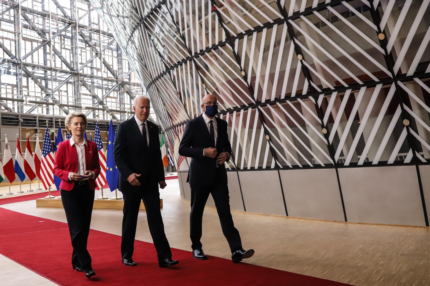 Belgium, Brussels, 2021/06/15. European Council President Charles MICHEL and European Commission President Ursula VON DER LEYEN meet US President Joe BIDEN prior to the EU-US summit at the European Council. Photograph by Valeria Mongelli / Hans Lucas.Belgique, Bruxelles, 2021/06/15. Le President du Conseil Europeen Charles MICHEL et la Presidente de la Commission Europeenne Ursula VON DER LEYEN rencontrent le President des Etats Unis Joe BIDEN avant le sommet UE-US au Conseil Europeen. Photographie de Valeria Mongelli / Hans Lucas.