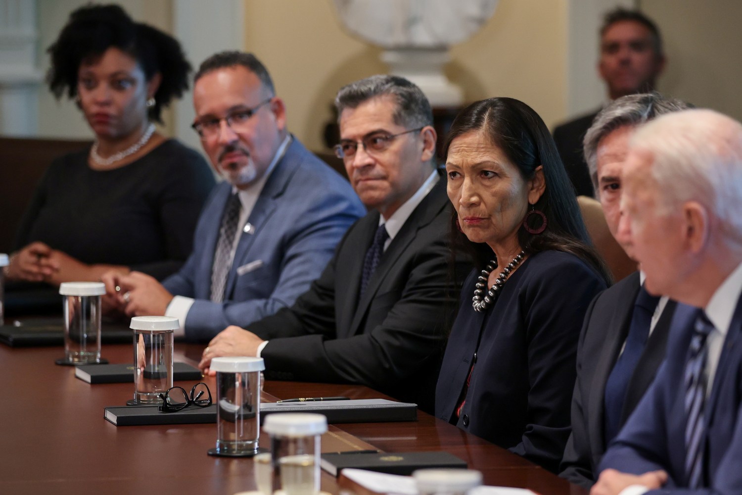 Interior Secretary Deb Haaland listens with other Cabinet members as U.S. President Joe Biden holds a Cabinet meeting at the White House in Washington, U.S., July 20, 2021. REUTERS/Jonathan Ernst