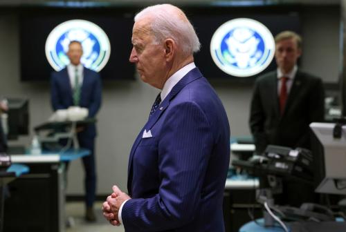 U.S. President Joe Biden tours the National Counterterrorism Center Watch Floor during a visit to the Office of the Director of National Intelligence in nearby McLean, Virginia outside Washington, U.S., July 27, 2021. REUTERS/Evelyn Hockstein