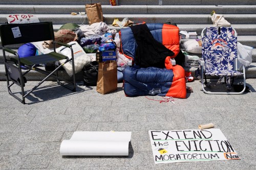 A sleeping bag is seen on the chair of U.S. Representative Cori Bush (D-MO) who spent the night on the steps of the U.S. Capitol to highlight the upcoming expiration of the pandemic-related federal moratorium on residential evictions, in Washington, U.S., July 31, 2021. REUTERS/Elizabeth Frantz