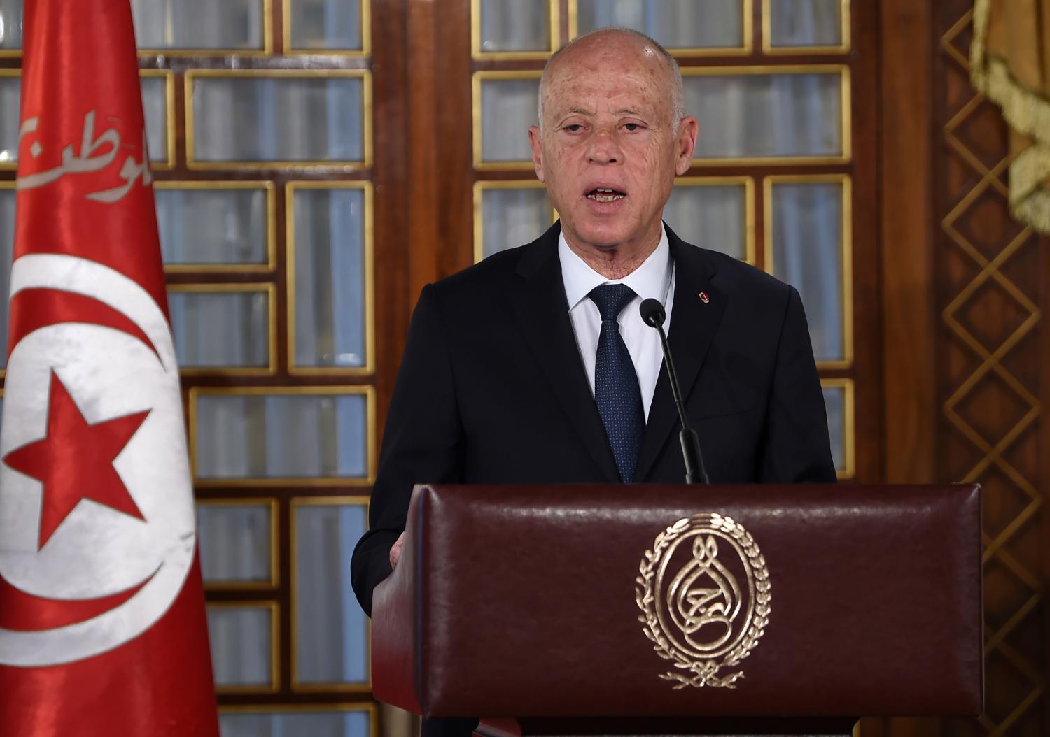 FILE PHOTO: Tunisia's President Kais Saied gives a speech at the government's swearing-in ceremony at the Carthage Palace outside the capital Tunis, Tunisia February 27, 2020. Fethi Belaid/Pool via REUTERS