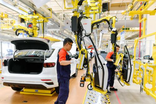 Fully automated robots are running at high speed at Geely Automobile's Changxing base in Changxing Economic and Technological Development Zone, in Huzhou City, East China's Zhejiang Province, 4 August 2021. No Use China. No Use France.