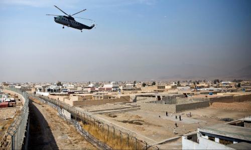 A military helicopter lands at Camp Nathan Smith in Kandahar City, Kandahar Province, Afghanistan.