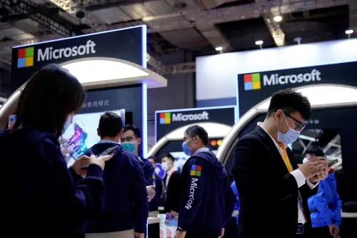 FILE PHOTO: Microsoft signs are seen at the third China International Import Expo (CIIE) in Shanghai, China November 5, 2020. REUTERS/Aly Song/File Photo